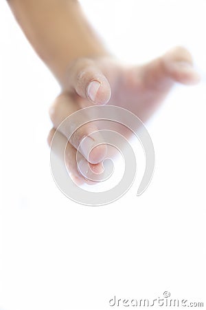 Close up of single human hand on white trying to help the imagery. Stock Photo