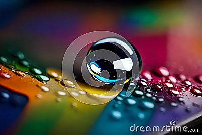 A close-up of a single water droplet reflecting a rainbow of colors while hovering in midair. Stock Photo
