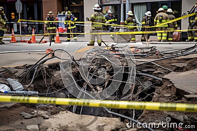 close-up of sinkhole, with ropes and safety gear for rescue workers visible Stock Photo