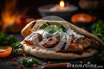 Close up sizzling hot kebab with perfectly grilled meat, sauce. Street food. AI generated. Stock Photo