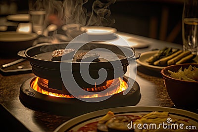close-up of sizzling hotplate, with plates and silverware in the background Stock Photo