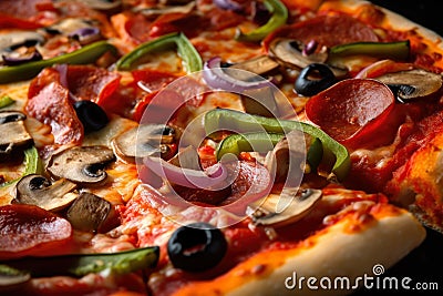 Close-up of a sizzling pizza with pepperoni, mushrooms, and green peppers, fresh out of the oven and ready to be devoured Stock Photo