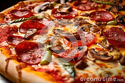 Close-up of a sizzling pizza with pepperoni, mushrooms, and green peppers, fresh out of the oven and ready to be devoured Stock Photo