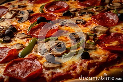 Close-up of a sizzling pizza with pepperoni, mushrooms, and green peppers, fresh out of the oven and ready to be devoured Stock Photo