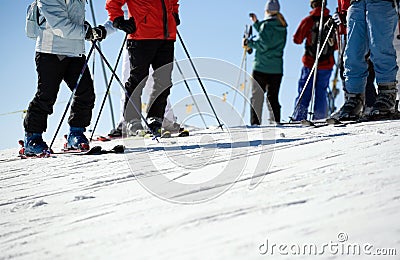 Close up of skiers on piste Stock Photo