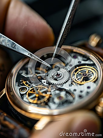 Close-up of a skilled watchmaker repairing the intricate parts of a luxury mechanical watch. Stock Photo