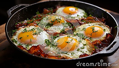 Close-up of a skillet with freshly fried eggs and bacon, garnished with parsley Stock Photo