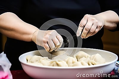 Close-up of skillful hands making delicious dumplings in traditional homemade cooking Stock Photo