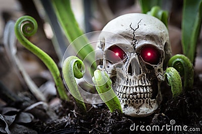 Close up skull human with new born fern. Stock Photo