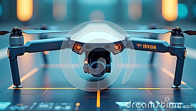 A close-up of a sleek AI-powered drone with a multi-sensor array hovering over a high-tech platform Stock Photo
