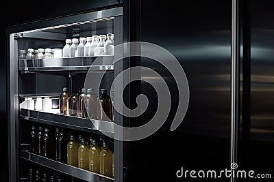 close-up of sleek and modern walk-in refrigerator, with bottles and cans visible Stock Photo