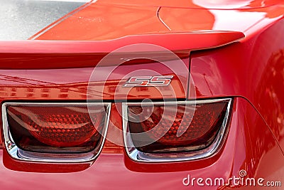 Close-up of a sleek red Chevrolet Camaro vehicle in Manchester, the United States Editorial Stock Photo