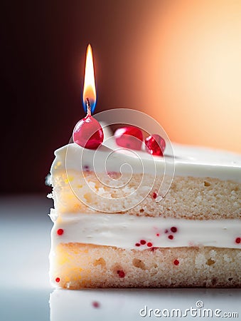 Close up of a slice of cake with a lit candle Stock Photo