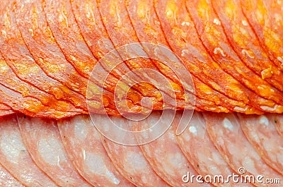 A close up of a slice of chorizo and salchichon Stock Photo