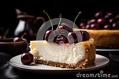 close-up of slice of decadent cheesecake, with cherry and graham cracker crust visible Stock Photo