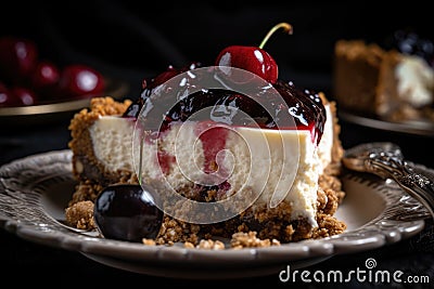 close-up of slice of decadent cheesecake, with cherry and graham cracker crust visible Stock Photo