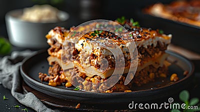 Close-up of a Slice of Delicious Lasagna with Sour Cream on Top, Served on a Rustic Plate Stock Photo