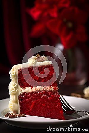 Close-up slice of delicious Red velvet cake on a plate. Generated AI Stock Photo