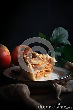 Close-up slice of a homemade apple pie. Generated AI Stock Photo