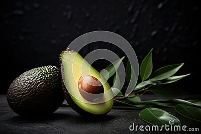 Close up of sliced open avocado on a dark background, AI generated Stock Photo