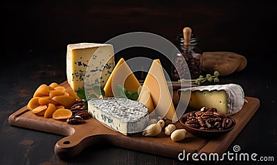 Close-up of sliced Petit Basque cheese on cheese board Creating using generative AI tools Stock Photo