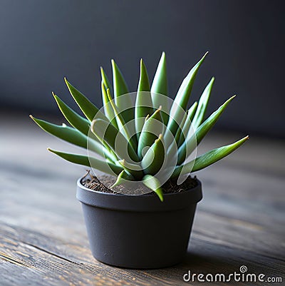 Close up of a small black potted succulent cactus plant on a table Stock Photo