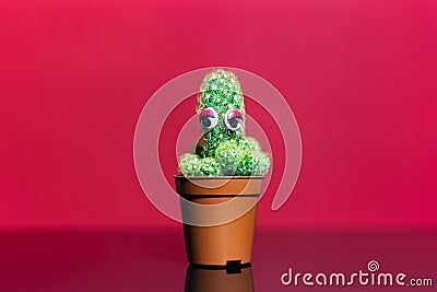 Close-up of small cactus in pot with artificial red eyes on red background. Stock Photo