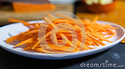 Pile of thin carrot slices on white plate with blurry background Stock Photo