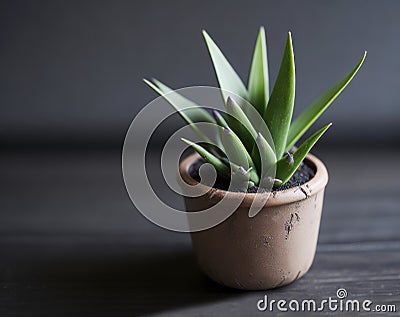 Close up of a small potted succulent cactus plant on a table Stock Photo