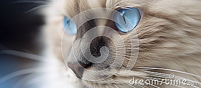 Close up of a small to mediumsized cats face with blue eyes and whiskers Stock Photo