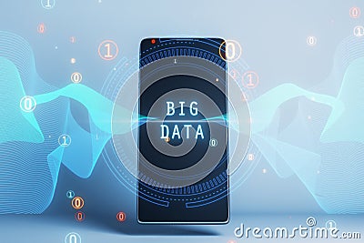 Close up of smartphone with abstract round big data hologram with binary code on blurry light background. Stream information, Stock Photo