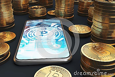Blue screen smartphone, bitcoins Stock Photo