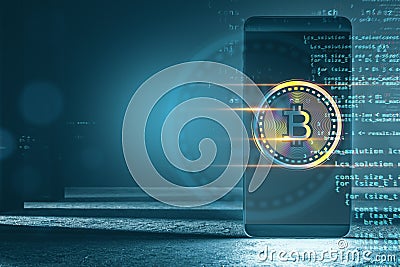 Close up of smartphone with creative glowing digital bitcoin on dark tech background with binary coding. Virtual cryptocurrency Stock Photo