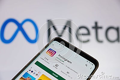 Close-up of a smartphone screen on which the Instagram application is installed. The logo of the Meta Facebook company. selective Editorial Stock Photo