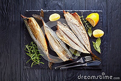 Close-up of smoked mackerel, top view Stock Photo
