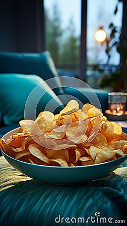 Close up of snack chips on a coffee table, within a serene, blue toned living space Stock Photo