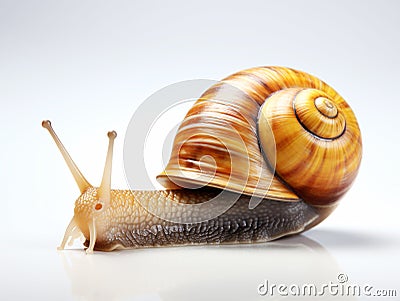 close up of snail with spiral shell on white background. ai generative Stock Photo