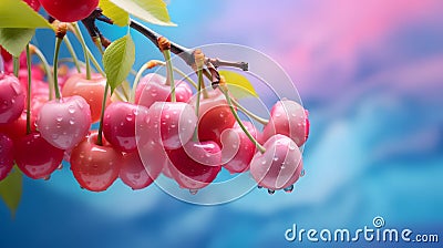 A Close-up Snapshot of Fresh, Glossy Cherries on a Healthy Branch, a Simple Celebration of Nature's Sweetness Stock Photo