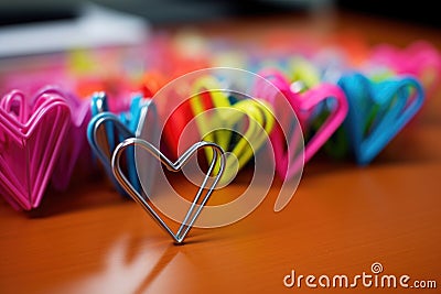 close up snapshot of heart-shaped paper clips on a desk Stock Photo