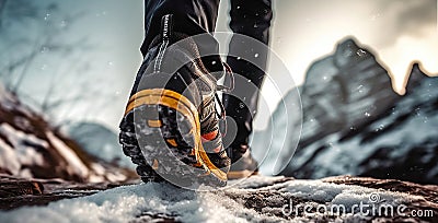 Close up sneaker climber climbing up a beautiful mountain on winter season with snow. Generative AI Stock Photo