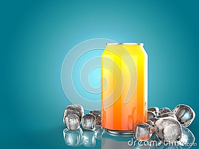 Close Up of Soft Drink Can With Ice. On Blue Background. 3d Illustration. Stock Photo