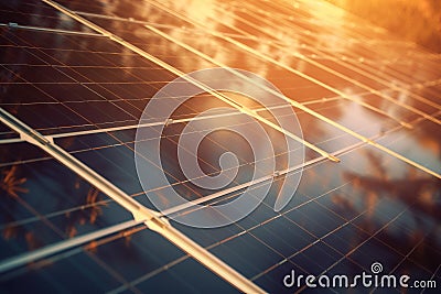 a close up of a solar panel with the sun in the background and a blurry image of a person in the background in the foreground Stock Photo