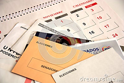 Close-up of some envelopes to vote in the general elections for the Spanish Congress and Senate Editorial Stock Photo