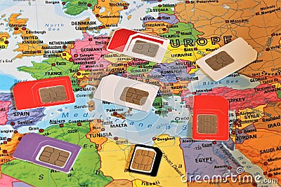 Close up of some international SIM cards from all over the world. Stock Photo