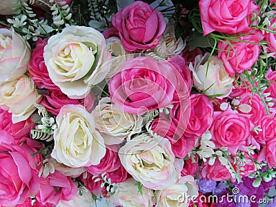 Close up on some white and pink artificial fake rose flowers Stock Photo