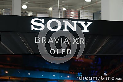 Close up SONY BRAVIA XR OLED TV brand logo Editorial Stock Photo