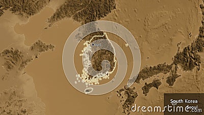 Shape of South Korea. Glowed. Sepia elevation. Labels Stock Photo