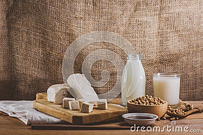 Soy products such as, milk, tofu and sauce vintage Stock Photo