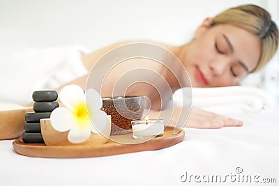 Close up spa item. Spa beauty massage healthy wellness. Spa Thai therapy treatment aromatherapy for body woman Stock Photo