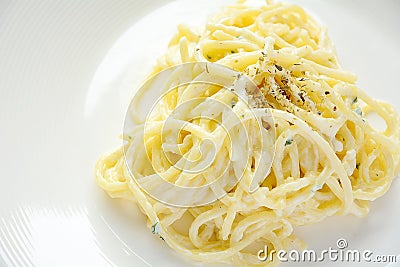 Close up of spaghetti white cream sauce Stock Photo